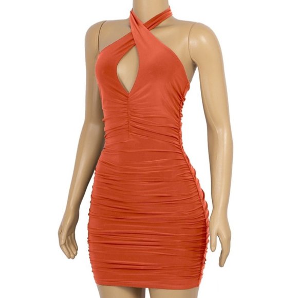 Tresser Dresses & Skirts - Tresser Ruched Bodycon Keyhole Halter Mini Dress Orange Size Small NWT